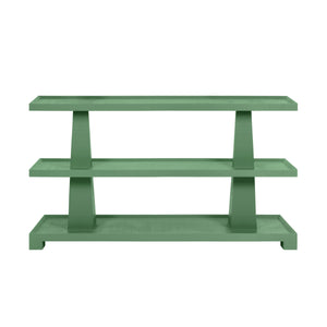 THREE TIER TWO COLUMN CONSOLE IN TEXTURED GREEN LINEN