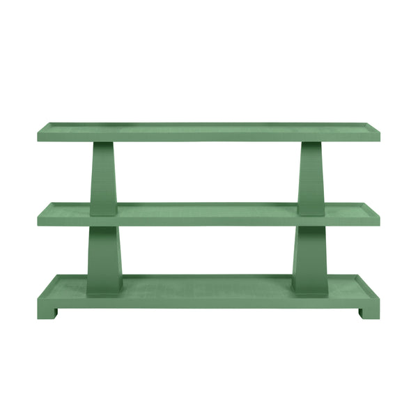 THREE TIER TWO COLUMN CONSOLE IN TEXTURED GREEN LINEN