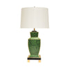 HAND PAINTED URN SHAPE TOLE TABLE LAMP IN MALACHITE