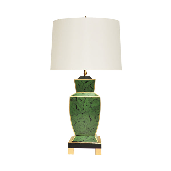 HAND PAINTED URN SHAPE TOLE TABLE LAMP IN MALACHITE