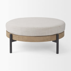 Colburne Cream Fabric w/ Brown Wood Round Ottoman