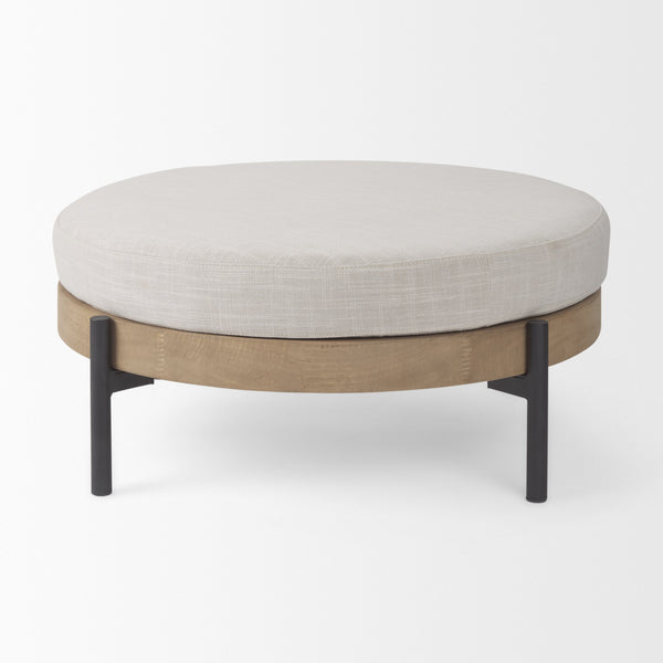 Colburne Cream Fabric w/ Brown Wood Round Ottoman
