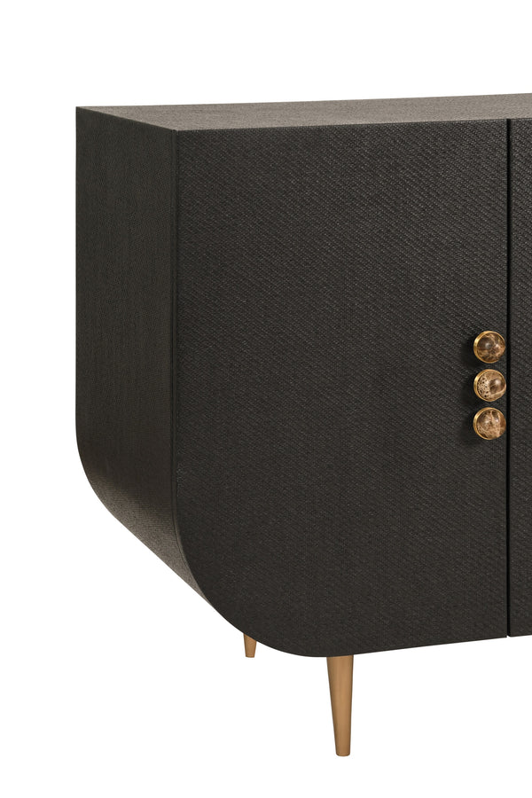 FOUR DOOR BUFFET WITH CURVED BOTTOM CORNERS AND STONE HARDWARE IN BLACK PAINTED GRASSCLOTH
