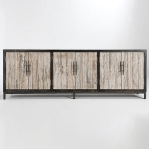 Lisbon Solid Wood 6Dr Cabinet - Weathered Black/Travertine