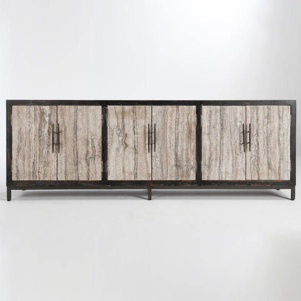 Lisbon Solid Wood 6Dr Cabinet - Weathered Black/Travertine