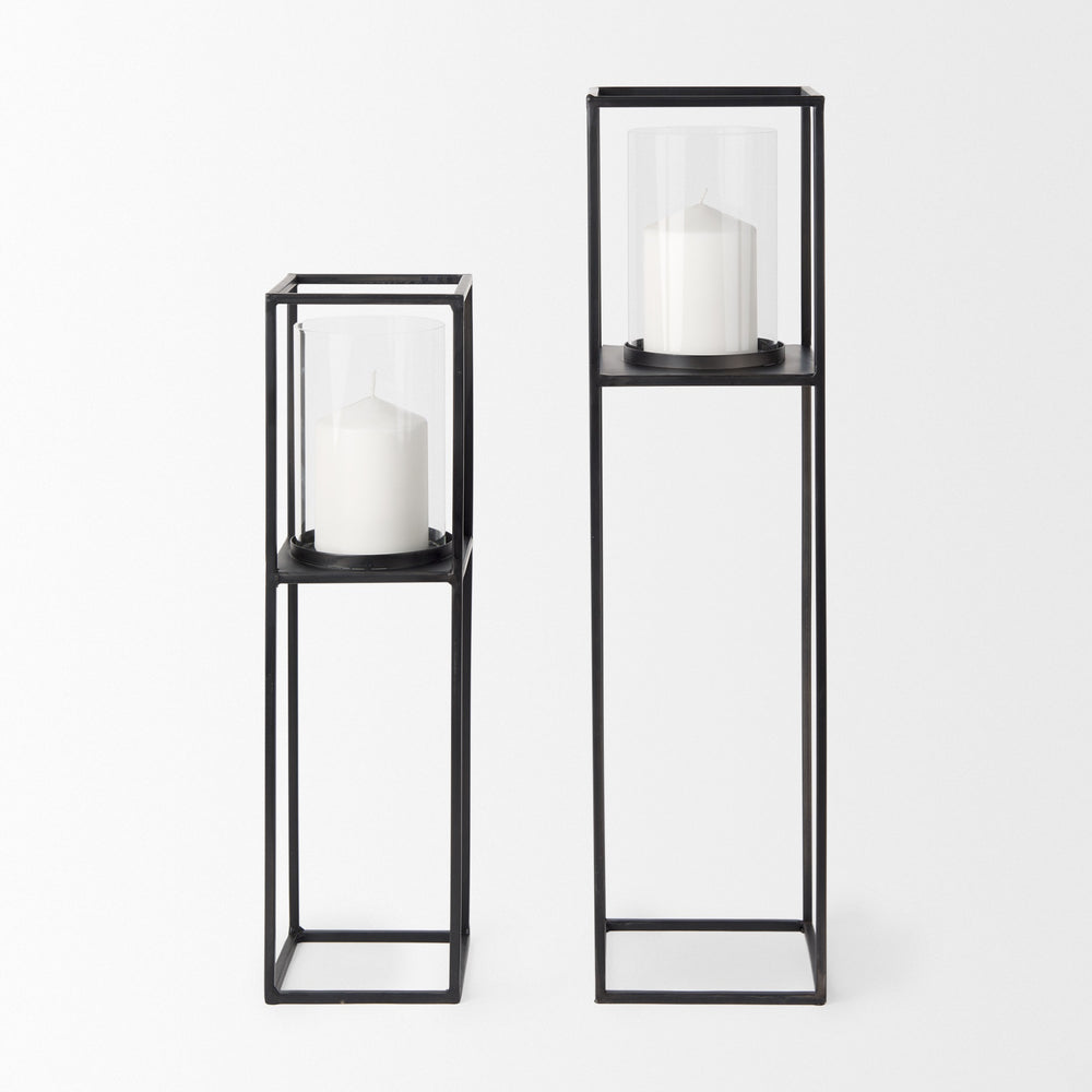 Cindy Set of 2 Matte Black Metal and Hurricane Glass Pillar Tabletop Candle Holders
