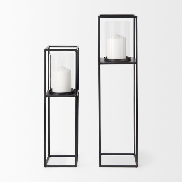 Cindy Set of 2 Matte Black Metal and Hurricane Glass Pillar Tabletop Candle Holders