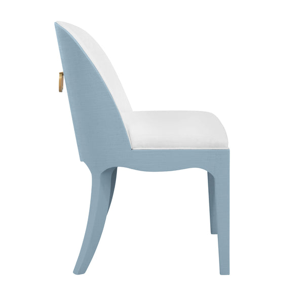 CURVED DINING CHAIR WITH SATIN BRASS RING HARDWARE ON BACK IN PERFORMANCE WHITE LINEN UPHOLSTERY AND TEXTURED LIGHT BLUE LINEN FRAME