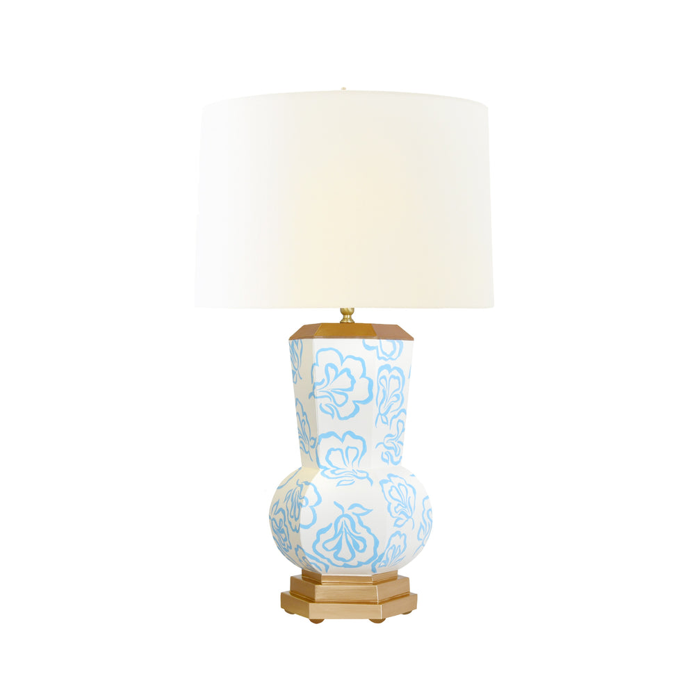 HANDPAINTED GOURD SHAPE TOLE TABLE LAMP IN BLUE BLOOM PATTERN