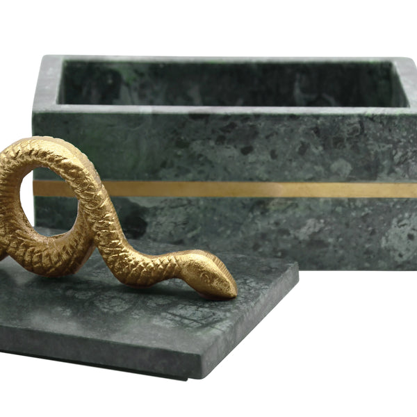 GREEN MARBLE BOX WITH BRUSHED BRASS DETAIL AND BRASS SNAKE HANDLE