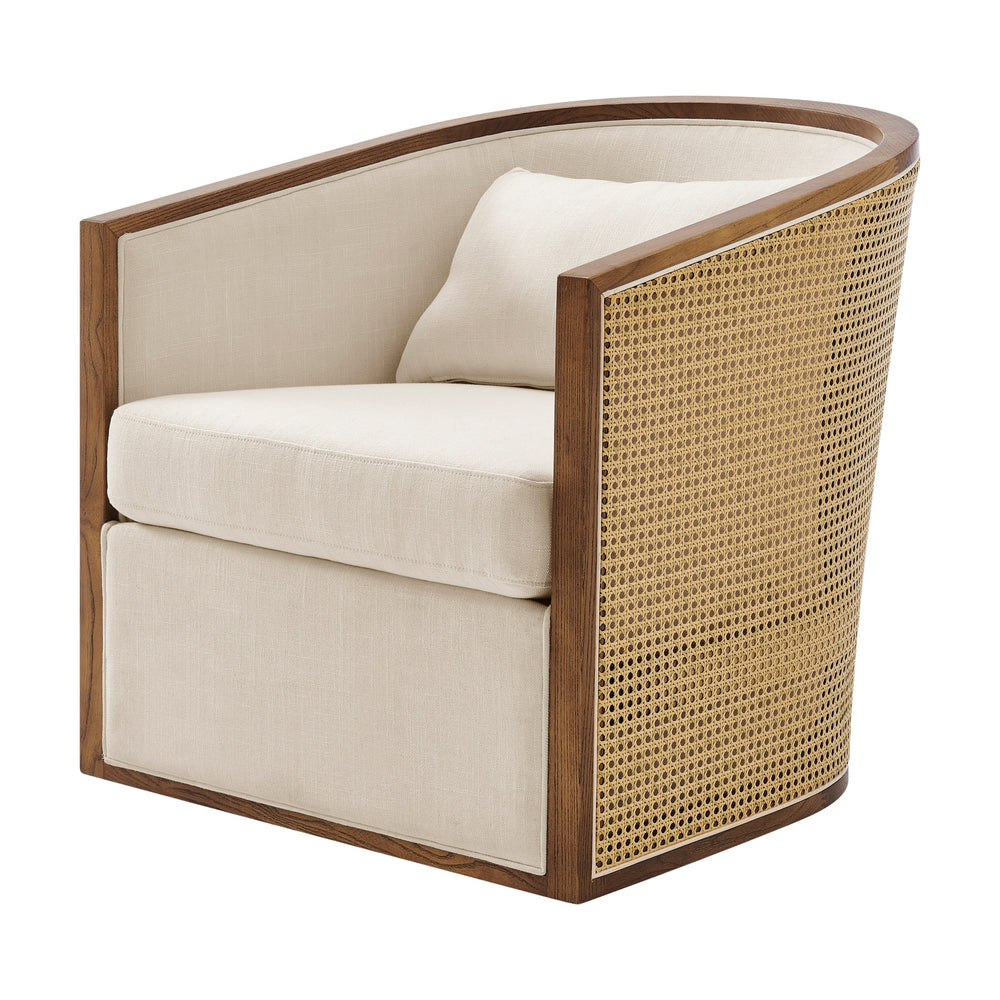 Marilyn Linen Swivel Accent Arm Chair w/ Rattan, Shortbread/Natural