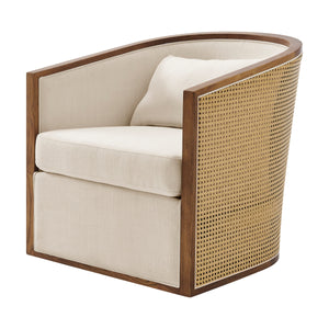 Marilyn Linen Swivel Accent Arm Chair w/ Rattan, Shortbread/Natural