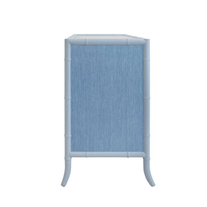FOUR DRAWER CHEST WITH BAMBOO DETAIL IN BLUE DYED GRASSCLOTH AND LIGHT BLUE MATTE LACQUER