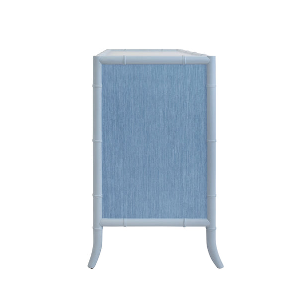 FOUR DRAWER CHEST WITH BAMBOO DETAIL IN BLUE DYED GRASSCLOTH AND LIGHT BLUE MATTE LACQUER