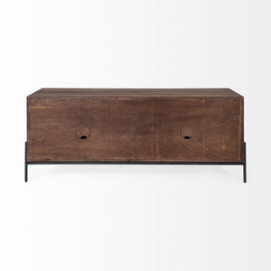 Glenn IV Dark Brown Wood w/ Black Iron Frame Media Console w/ Storage, TV Stand for TV up to 71"