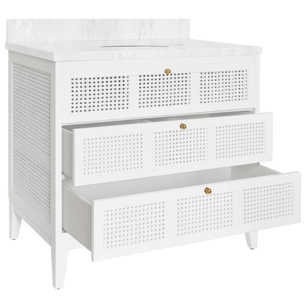BATH VANITY IN MATTE WHITE LACQUER WITH CANE FRONT DRAWERS, WHITE MARBLE TOP, AND PORCELAIN SINK