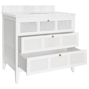 BATH VANITY IN MATTE WHITE LACQUER WITH CANE FRONT DRAWERS, WHITE MARBLE TOP, AND PORCELAIN SINK