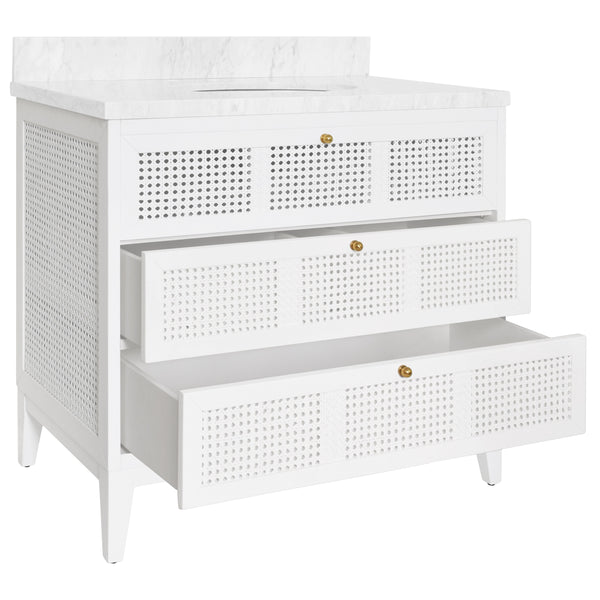 BATH VANITY IN MATTE WHITE LACQUER WITH CANE FRONT DRAWERS, WHITE MARBLE TOP, AND PORCELAIN SINK