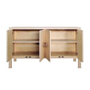 FOUR DOOR BUFFET WITH ANTIQUE BRASS CIRCLE HARDWARE IN NATURAL GRASSCLOTH