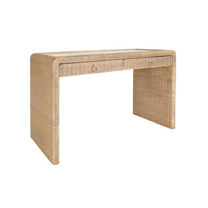 TWO DRAWER WATERFALL EDGE DESK IN WOVEN RATTAN WITH GLASS TOP