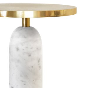 ROUND SIDE TABLE WITH BRASS TOP AND WHITE MARBLE PEDESTAL BASE