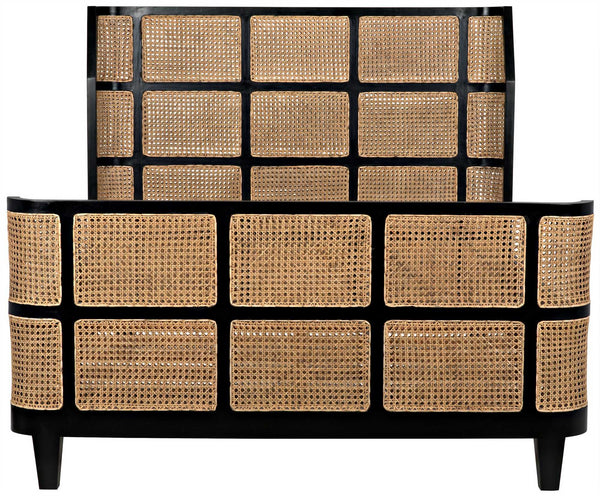 Porto Queen Bed in Hand-Rubbed Black Mahogany with Caning Detail