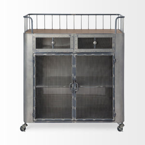 Udo Metal Frame Two Door Cabinet w/Two Drawers & Wood Top Bar Cart