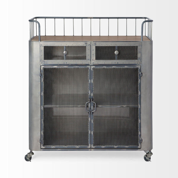 Udo Metal Frame Two Door Cabinet w/Two Drawers & Wood Top Bar Cart