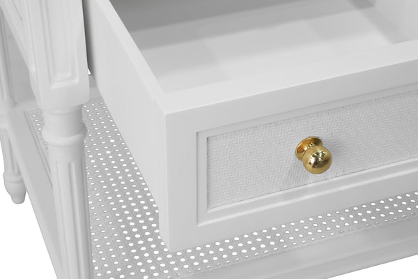 BATH VANITY WITH FLUTED LEG AND OPEN CANE SHELF