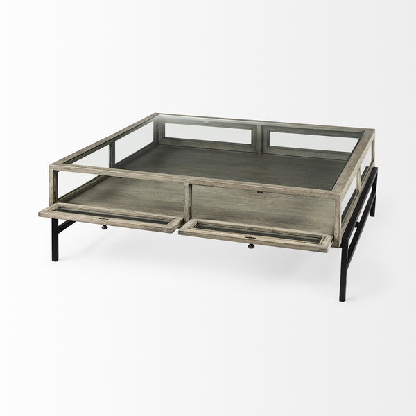 Arelius 42" Square Glass-Top Gray Wood w/ Black Metal Base Display Coffee Table