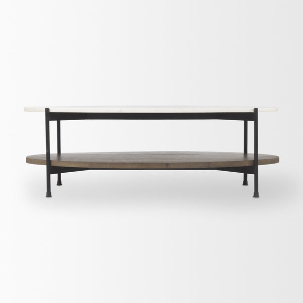 Larkin White Marble Top w/ Dark Brown Wood Shelf Oval Coffee Table