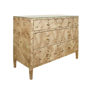 FOUR DRAWER CHEST IN BURL WOOD WITH GLASS TOP