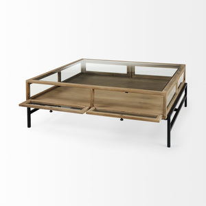 Arelius 42" Square Glass-Top Light Brown w/ Black Metal Base Display Coffee Table