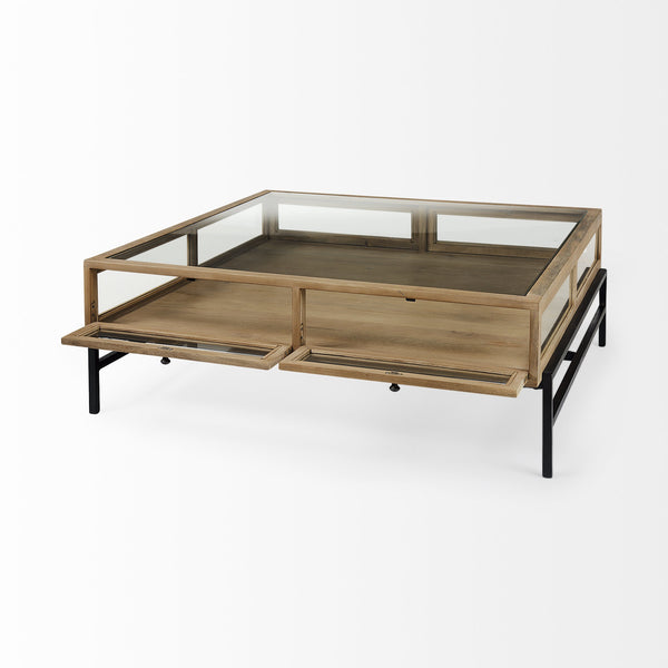 Arelius 42" Square Glass-Top Light Brown w/ Black Metal Base Display Coffee Table