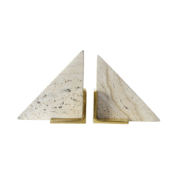 TRIANGLE SHAPED TRAVERTINE MARBLE BOOKEND WITH BRASS BASE