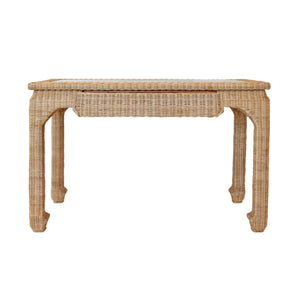ONE DRAWER MING STYLE DESK IN WOVEN RATTAN WITH GLASS TOP