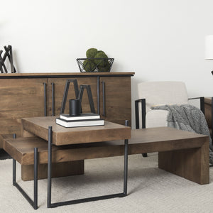 Maddox Set of 2 Brown Solid Wood Top Black Metal Base Nesting Coffee Tables