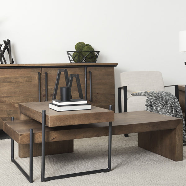 Maddox Set of 2 Brown Solid Wood Top Black Metal Base Nesting Coffee Tables