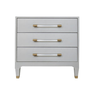 THREE DRAWER SIDE TABLE IN LIGHT GREY SHAGREEN WITH ANTIQUE BRASS AND ACRYLIC HARDWARE