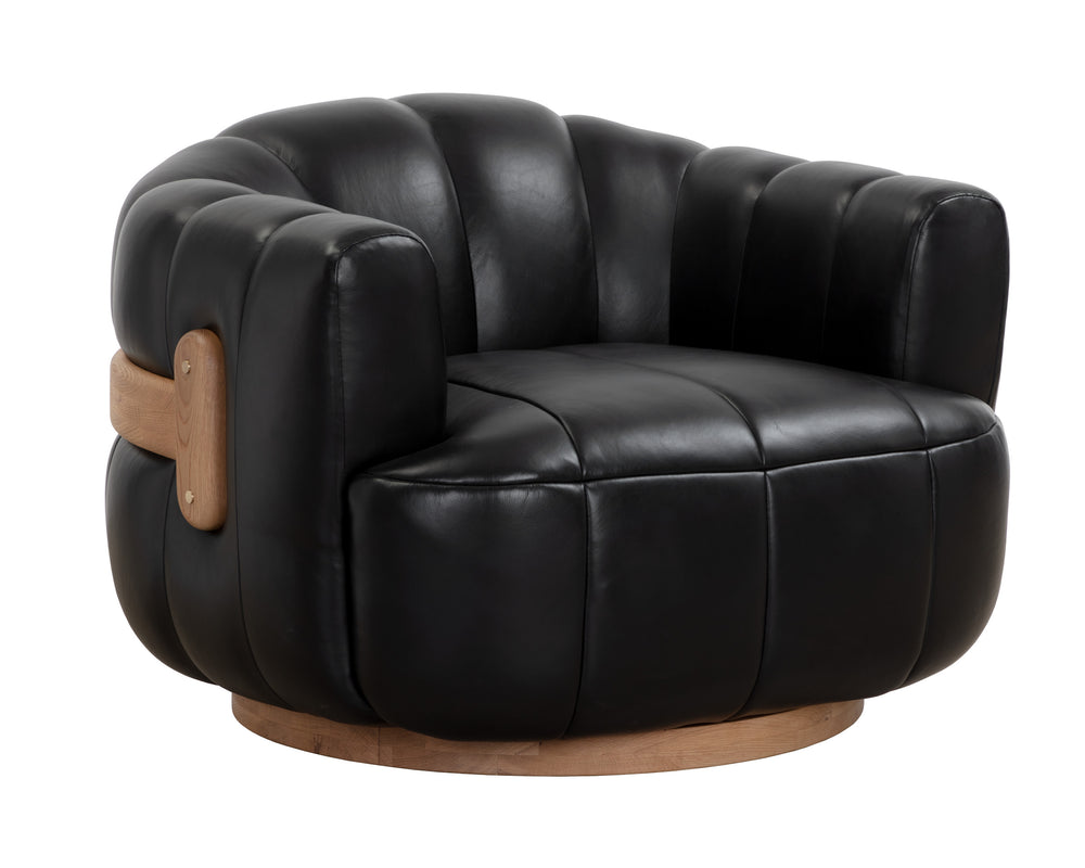 TADEO SWIVEL ARMCHAIR - RUSTIC OAK - VINTAGE BLACK NIGHT LEATHER