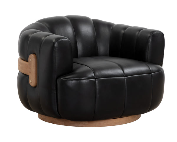 TADEO SWIVEL ARMCHAIR - RUSTIC OAK - VINTAGE BLACK NIGHT LEATHER