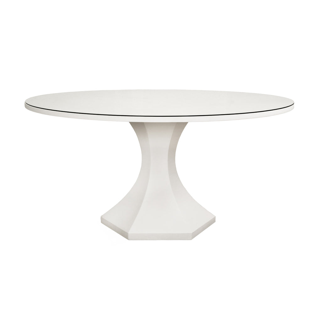 ROUND DINING TABLE WITH HEXAGONAL TAPERED BASE IN WHITE TEXTURED LINEN