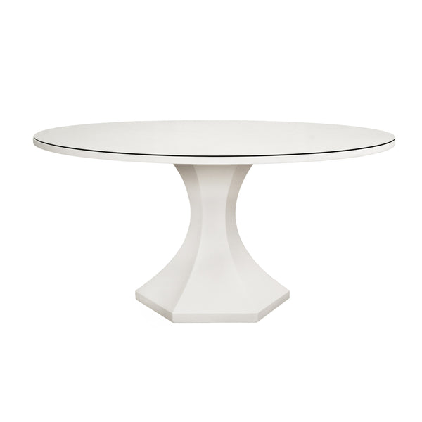 ROUND DINING TABLE WITH HEXAGONAL TAPERED BASE IN WHITE TEXTURED LINEN