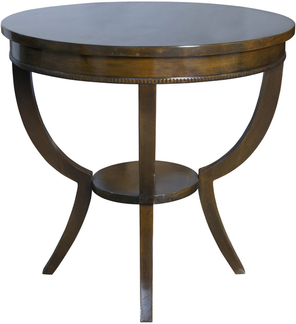 Scheffield Round Birch and Veneer End Table in Distressed Brown