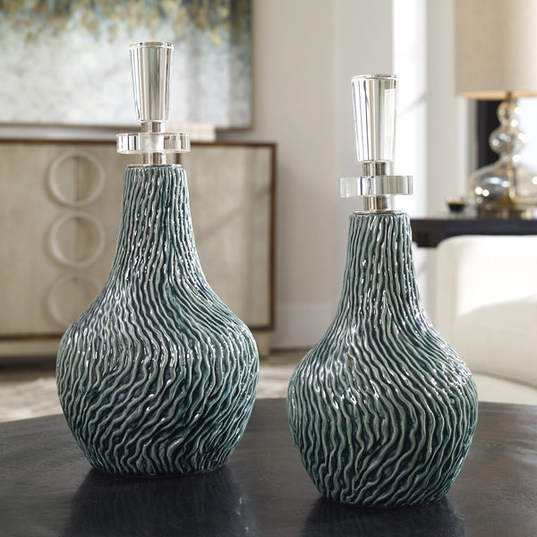 Almera Dark Teal Bottles, S/2