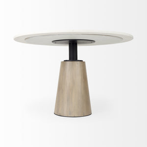 Maxwell 48L x 48W x 30H White Marble Round Top W/ Black Metal and Wood Pedestal Base Dining Table