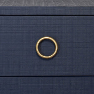TWO DRAWER SIDE TABLE WITH ANTIQUE BRASS CIRCLE HARDWARE IN TEXTURED NAVY LINEN