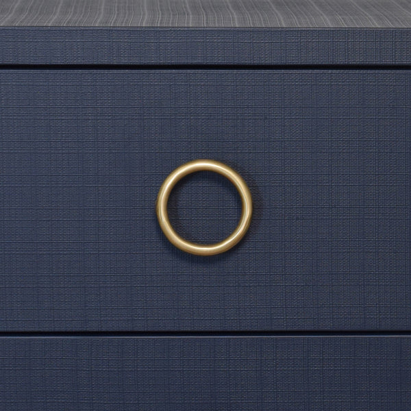 TWO DRAWER SIDE TABLE WITH ANTIQUE BRASS CIRCLE HARDWARE IN TEXTURED NAVY LINEN