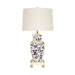 HAND PAINTED URN SHAPE TOLE TABLE LAMP IN NAVY VINE