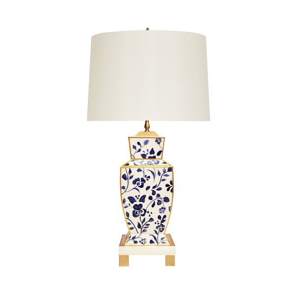 HAND PAINTED URN SHAPE TOLE TABLE LAMP IN NAVY VINE
